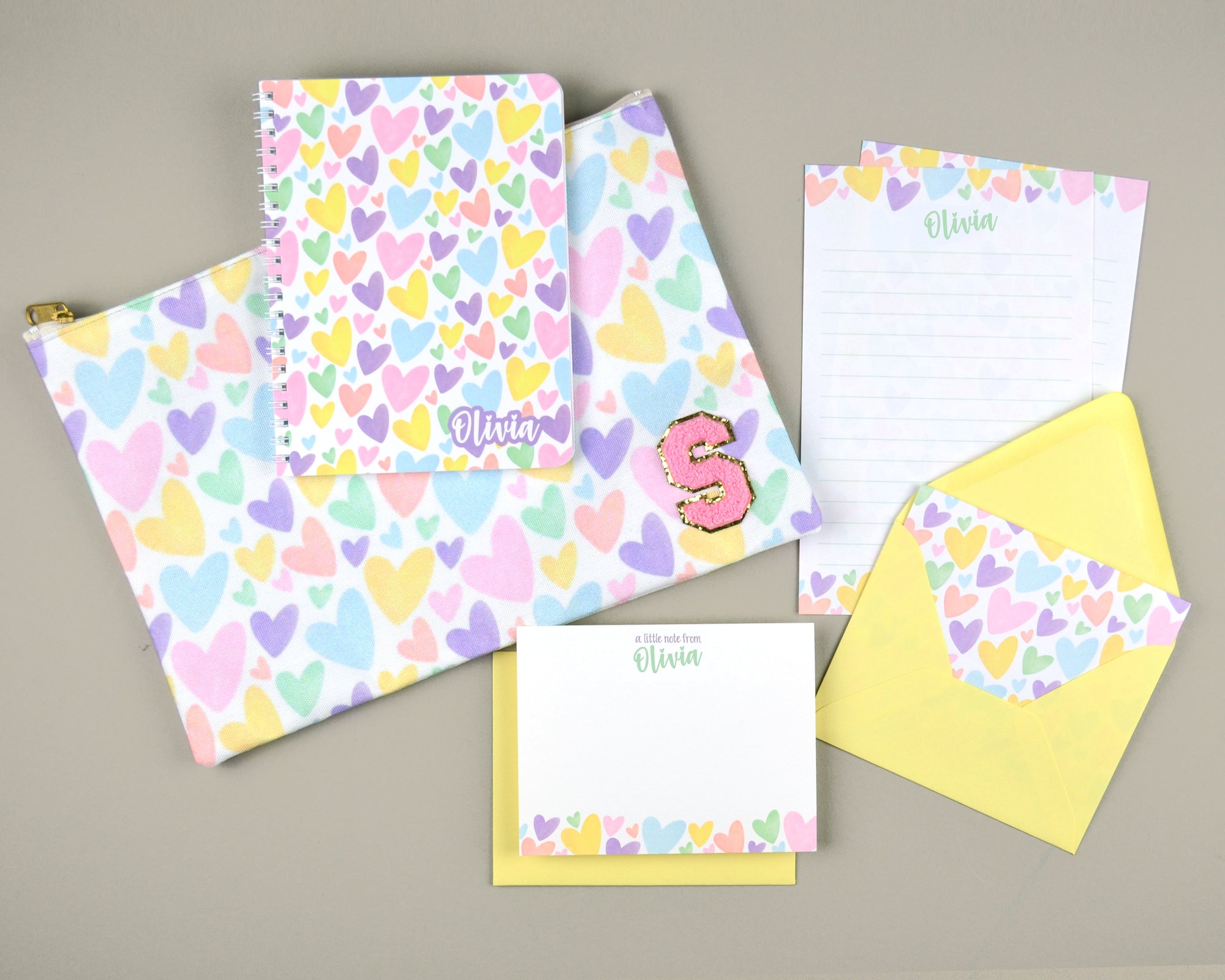 Personalized Rainbow Heart Stationery Set with Matching Pouch