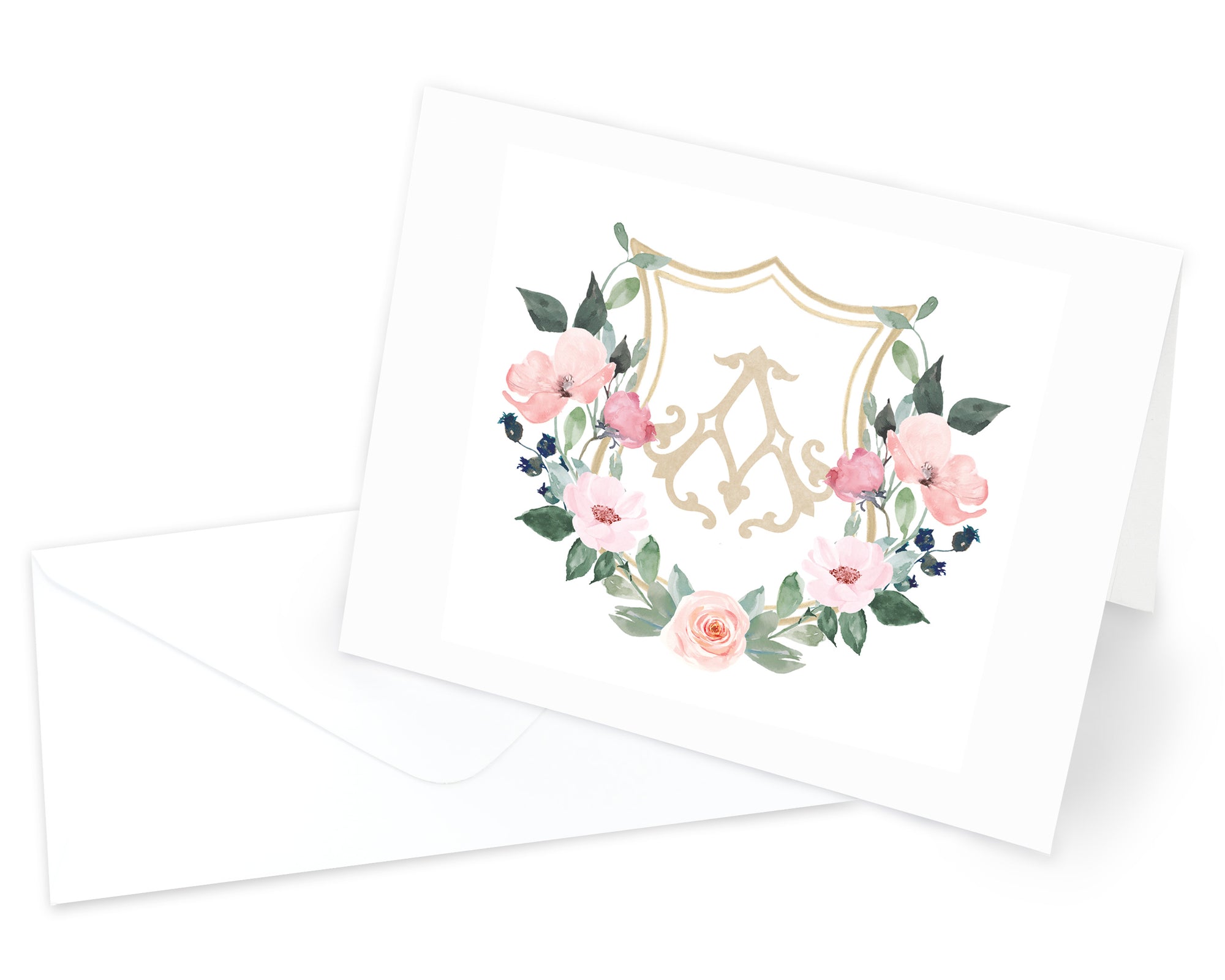 Champagne & Blush Monogrammed Crest Folded Note Cards with Envelopes