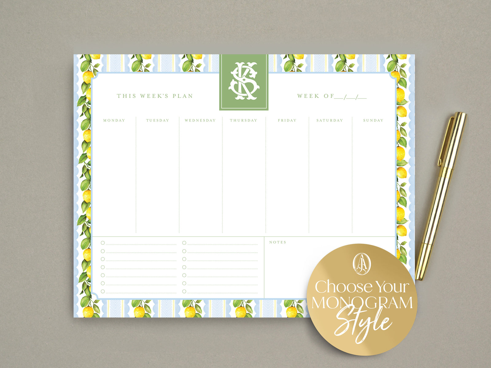 Lemon Striped, Blue & Green Weekly Planner Notepad