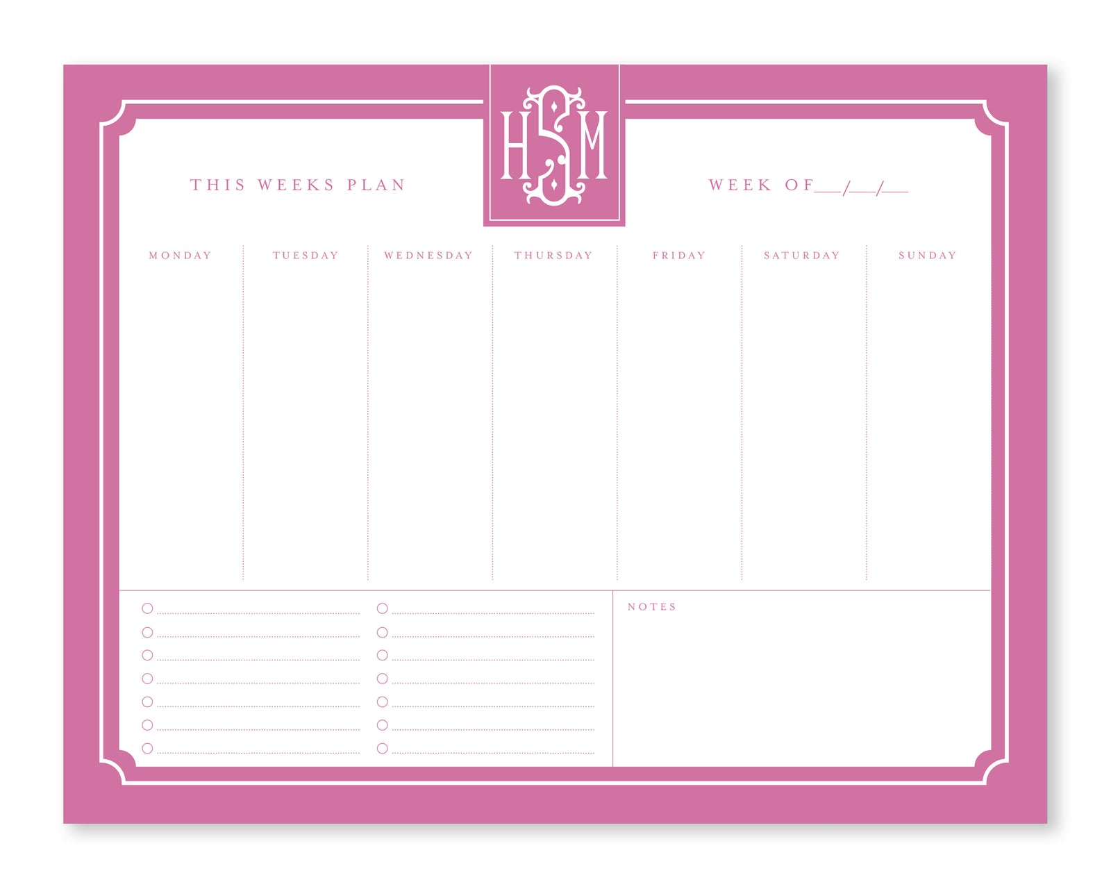 Monogrammed Weekly To Do List Notepad Valentine Gift