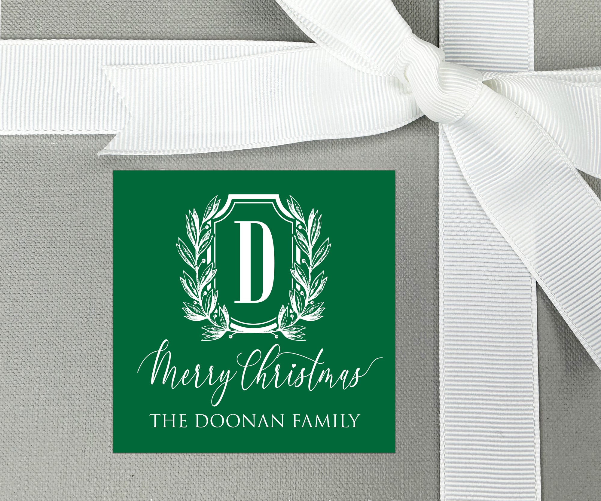 Green Monogrammed Christmas Crest Gift Stickers or Enclosure Cards