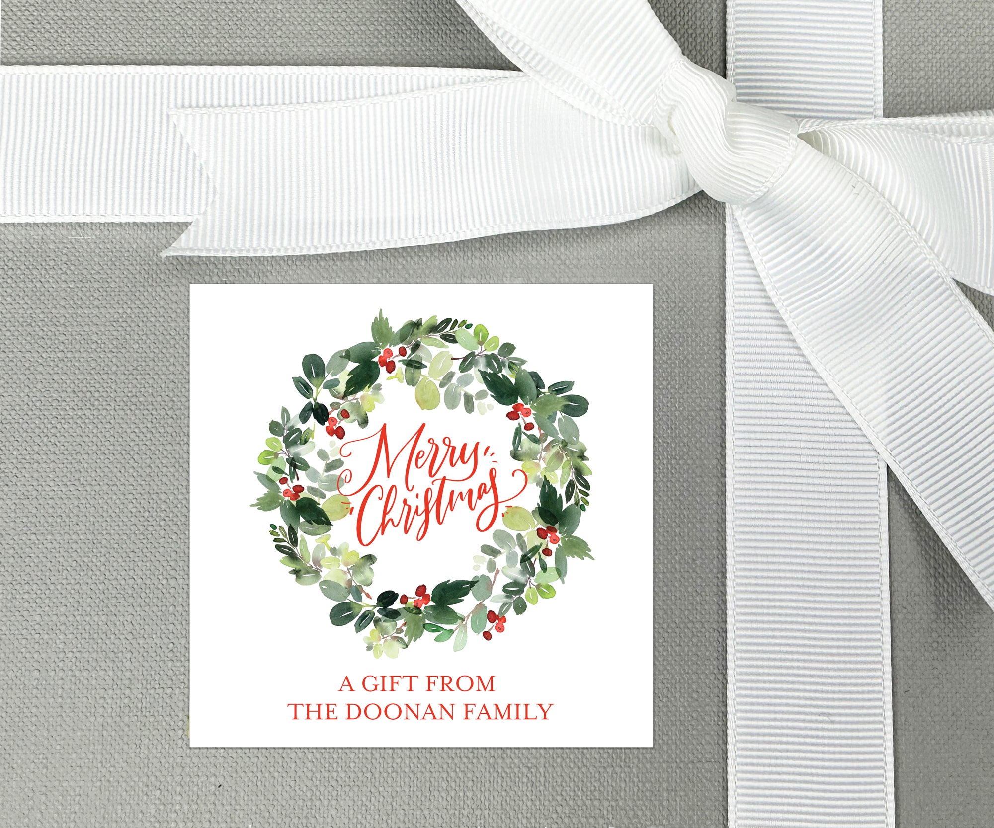 Personalized Merry Christmas Wreath Gift Stickers or Enclosure Cards