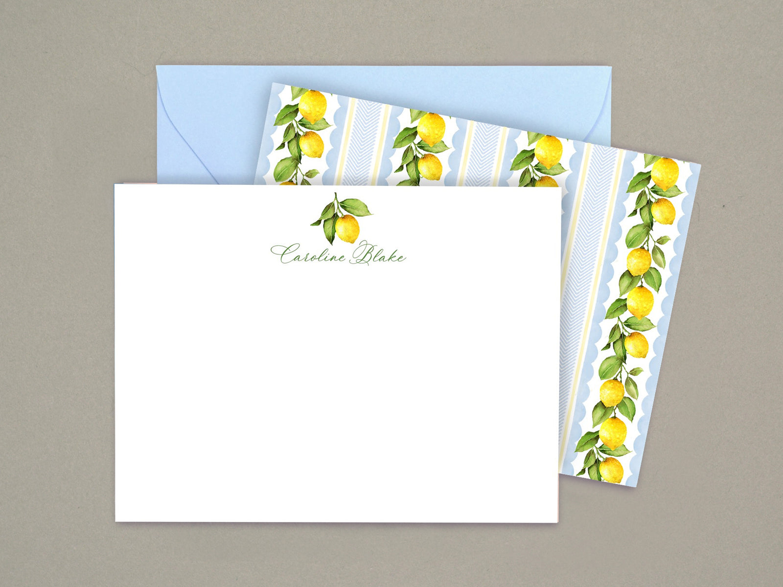 Lemon Stripe Blue & Yellow Scallop Notecards