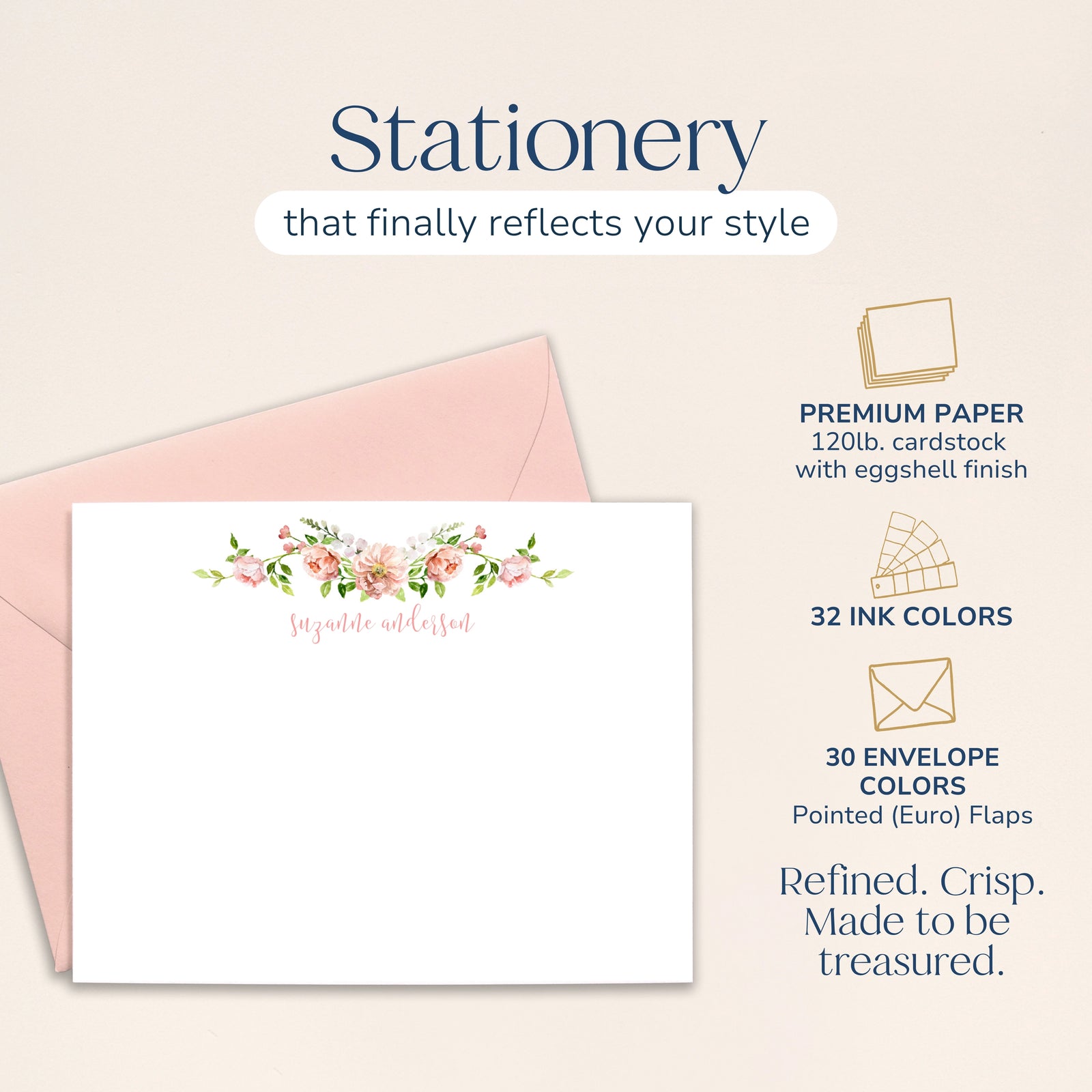 Personalized Peony Watercolor Floral Note Cards