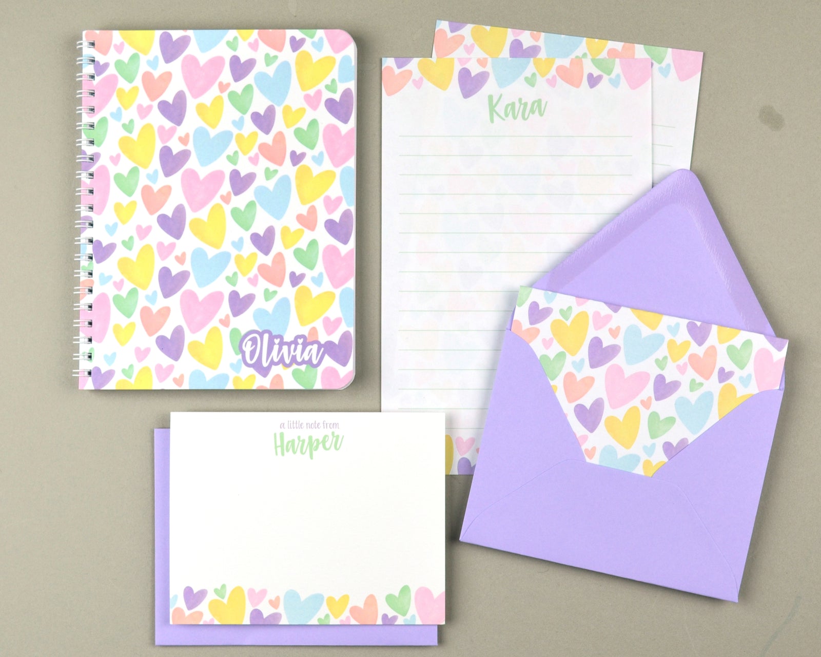 Personalized Writing Set - Rainbow Heart Stationery Gift Set for Kids