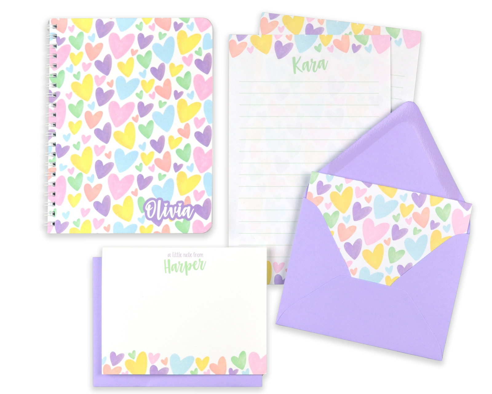 Personalized Writing Set - Rainbow Heart Stationery Gift Set for Kids