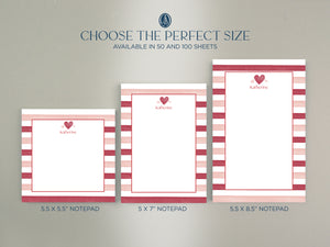 Personalized Red & Pink Stripe Heart Notepad