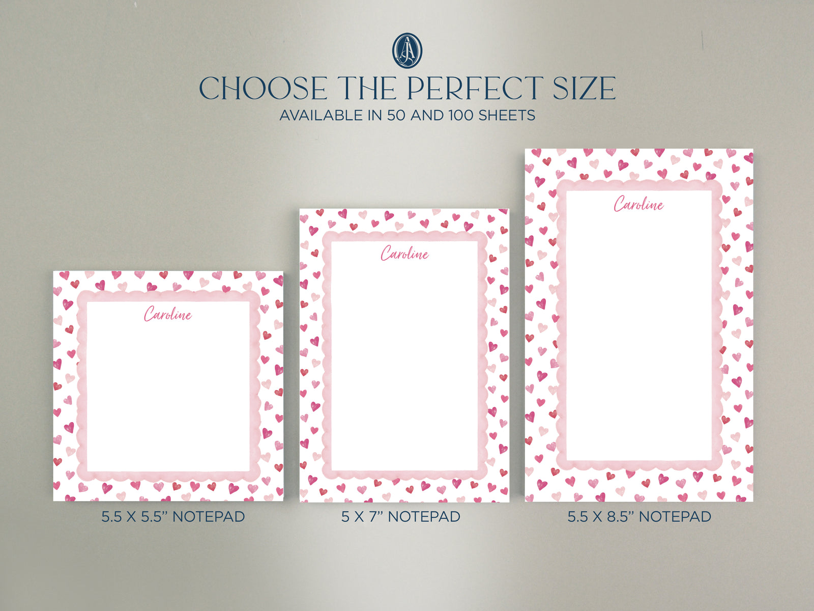 Personalized Valentine Small Hearts Notepad with Pink Scalloped Border