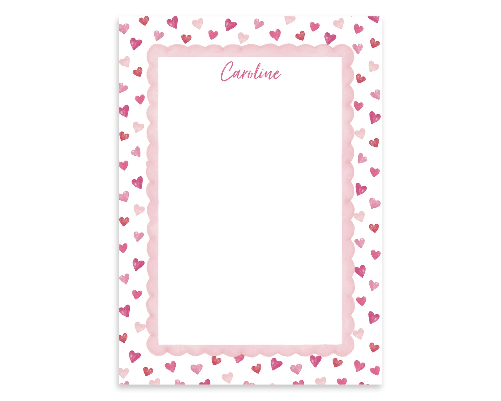 Personalized Valentine Small Hearts Notepad with Pink Scalloped Border