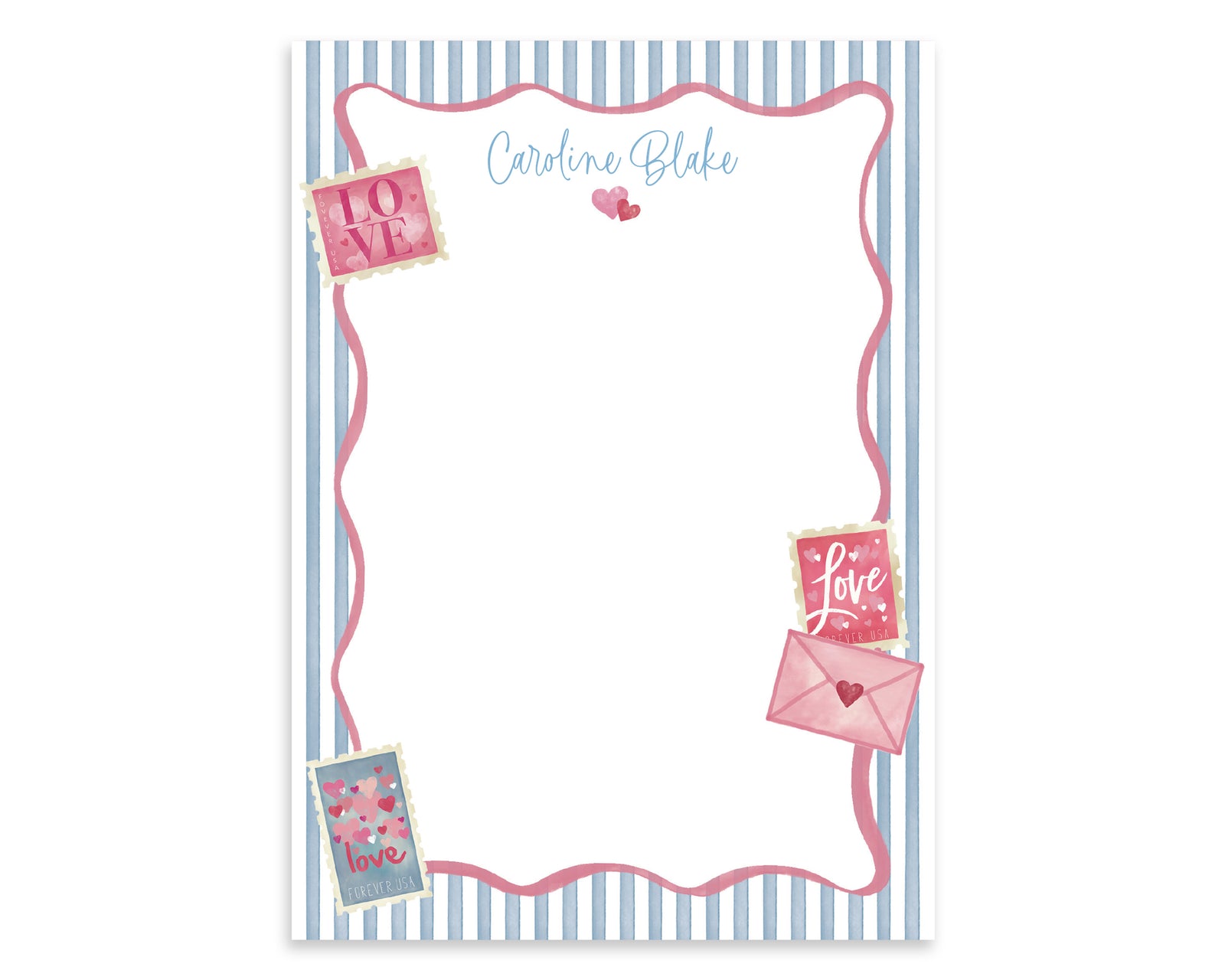 Personalized Valentine Postage Stamp Notepad with Blue Stripes