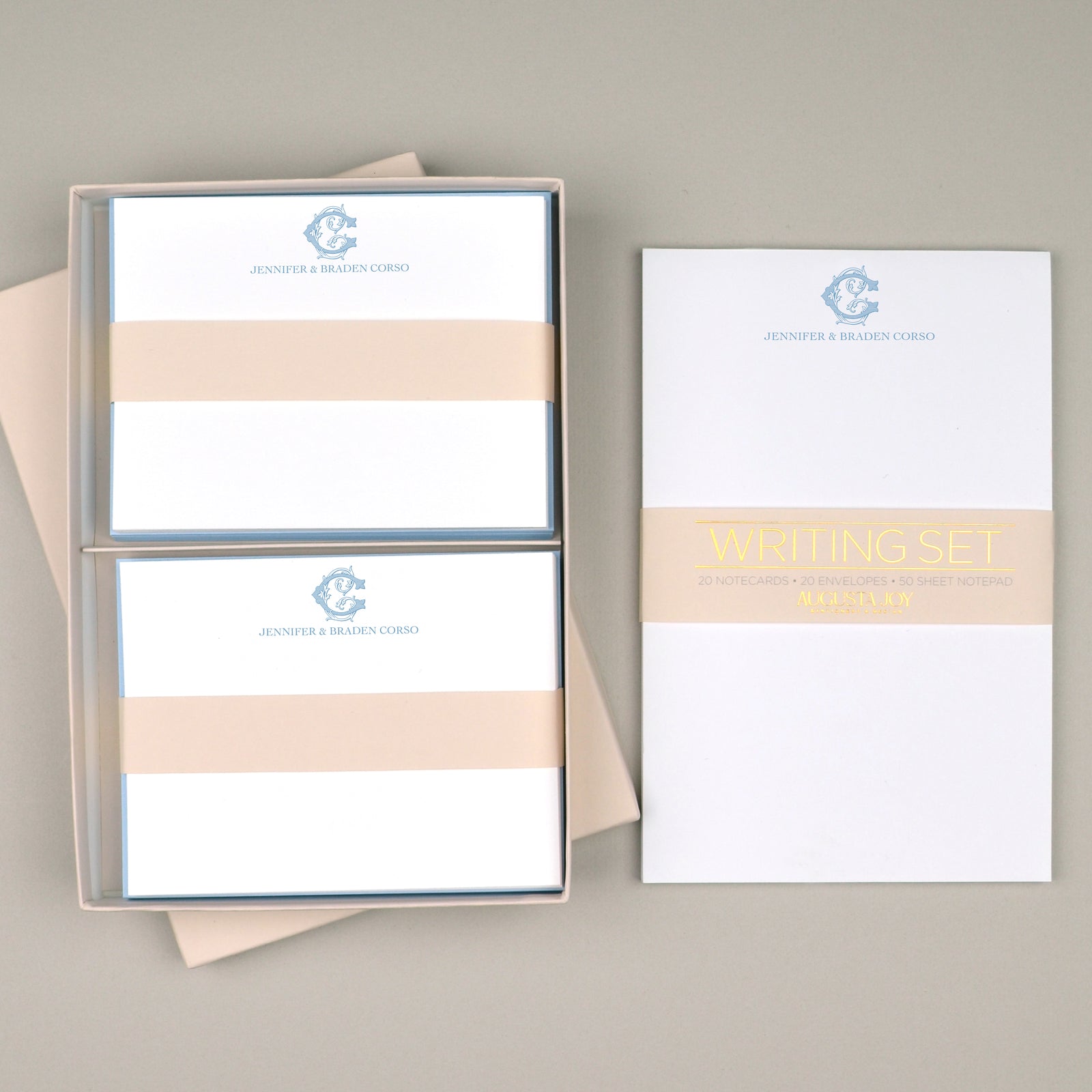 Vintage Vine Monogram Notecard Set – Personalized Stationery Gift Box with Flat Notecards, Envelopes & Notepad