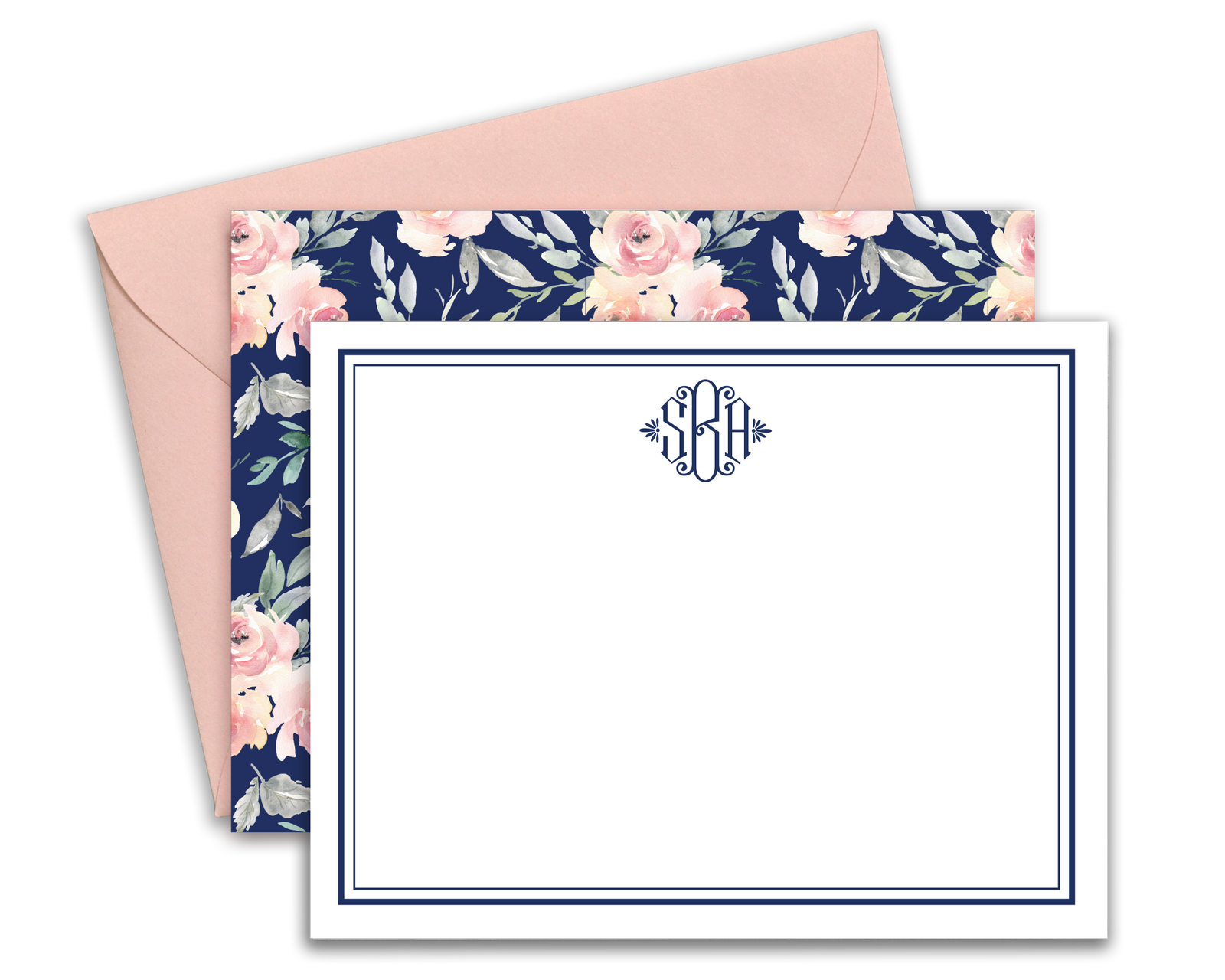 Personalized Bridgette Navy & Blush Watercolor Floral Note Cards