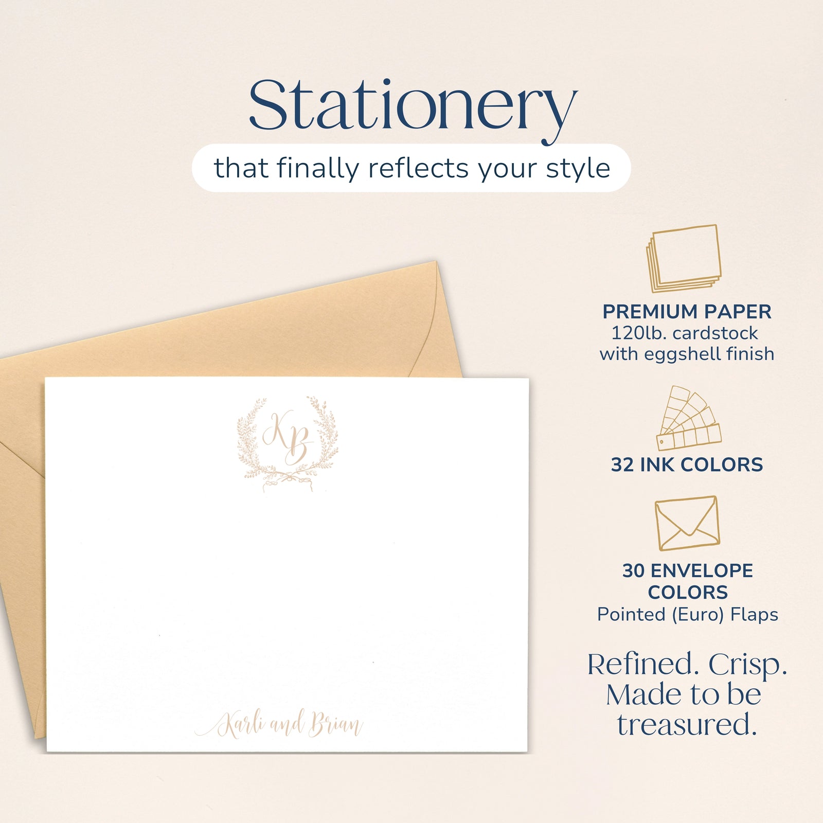 Elegant Laurel Crest Monogram Note Cards