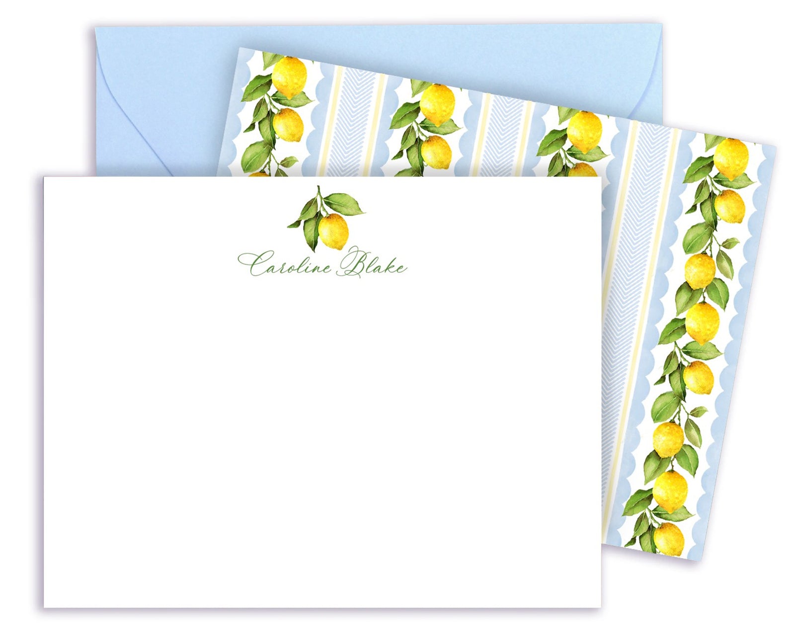 Lemon Stripe Blue & Yellow Scallop Notecards