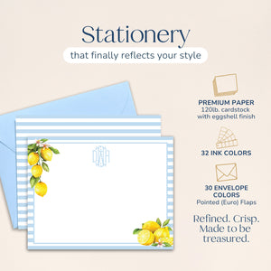 Personalized Lemon Watercolor Stripe Note Cards