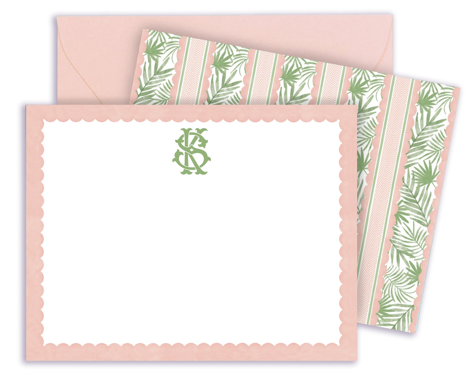 Palm Terrace Monogrammed Pink & Green Scallop Notecards