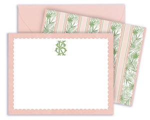 Palm Terrace Monogrammed Pink & Green Scallop Notecards