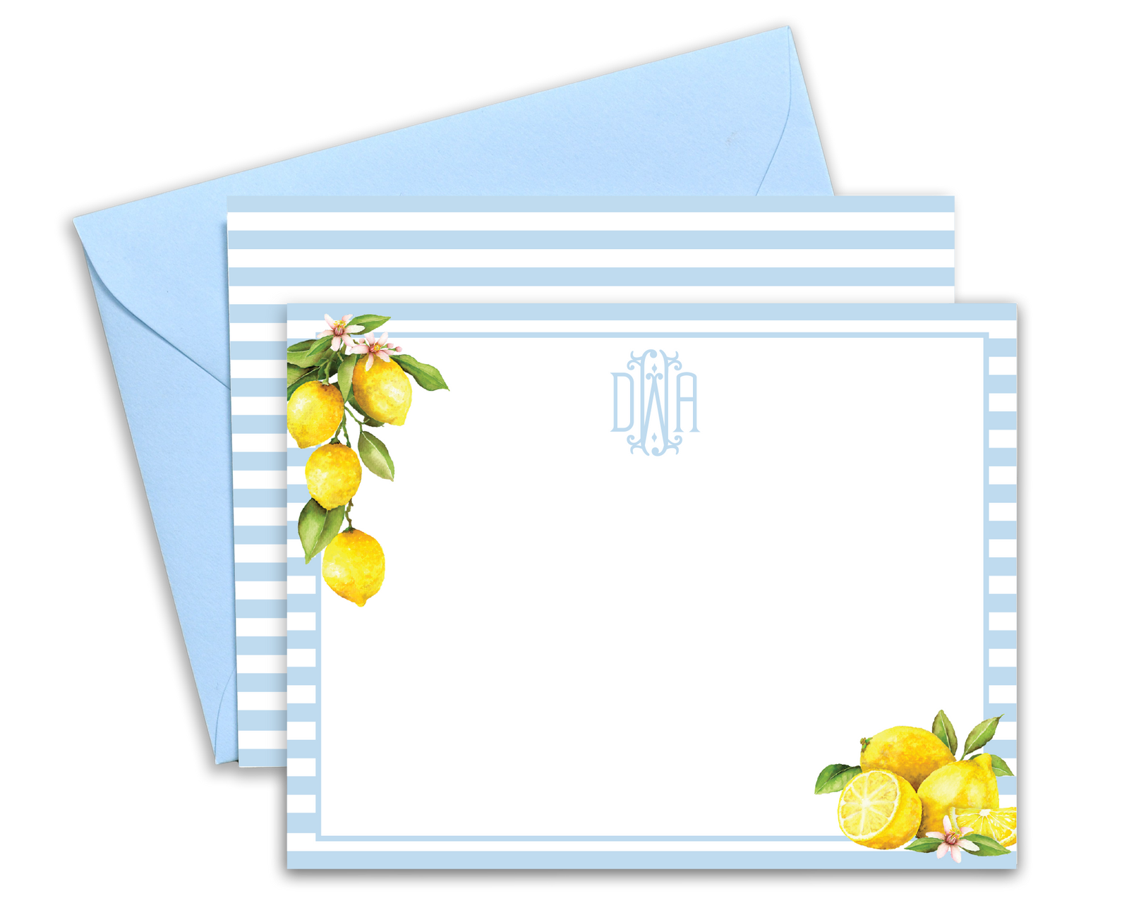 Personalized Lemon Watercolor Stripe Note Cards