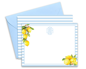 Personalized Lemon Watercolor Stripe Note Cards