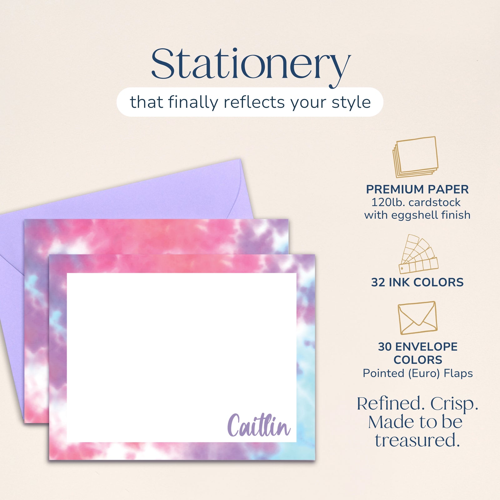 Personalized Purple, Pink & Blue Tie Dyed Stationery for Kids