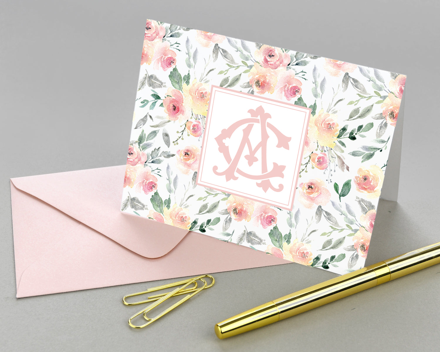 Blush Monogrammed Floral Folded Note Cards