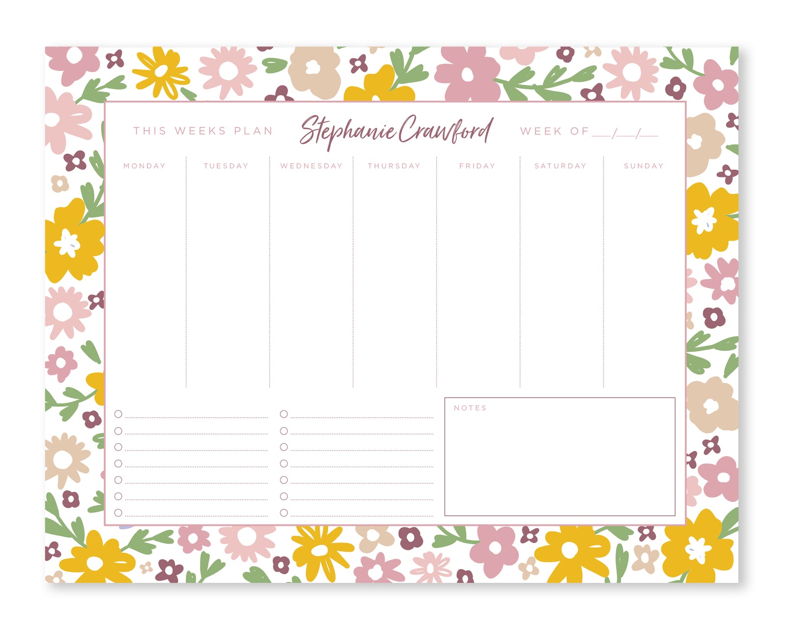 Personalized Boho Floral Weekly Notepad - 8.5x11"