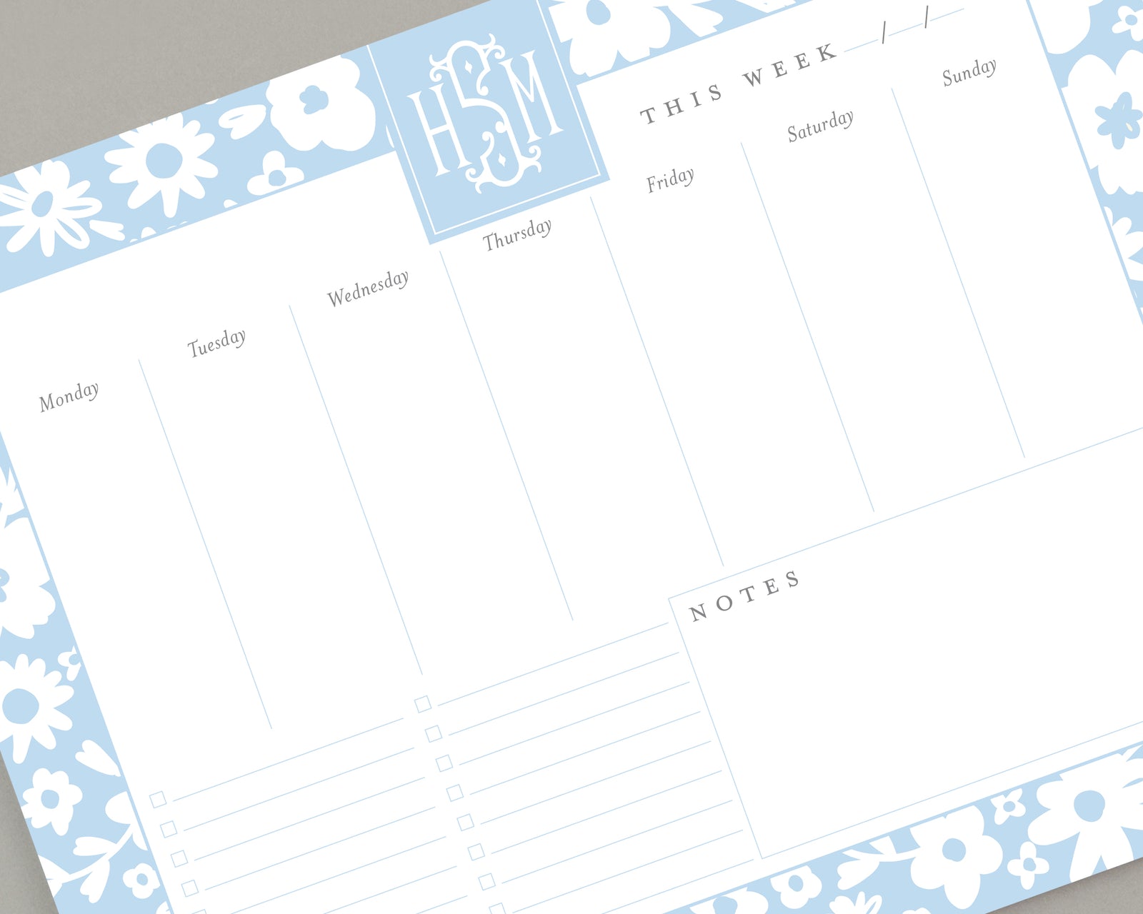 Monogrammed Floral Weekly To Do List Notepad 8.5x11"