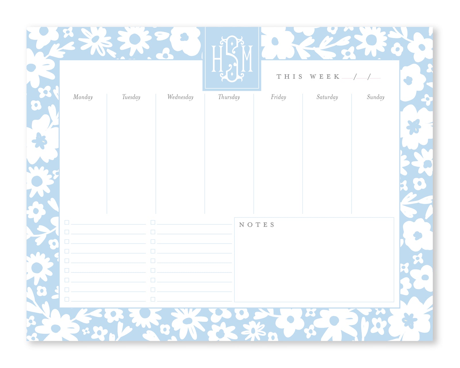 Monogrammed Floral Weekly To Do List Notepad 8.5x11"