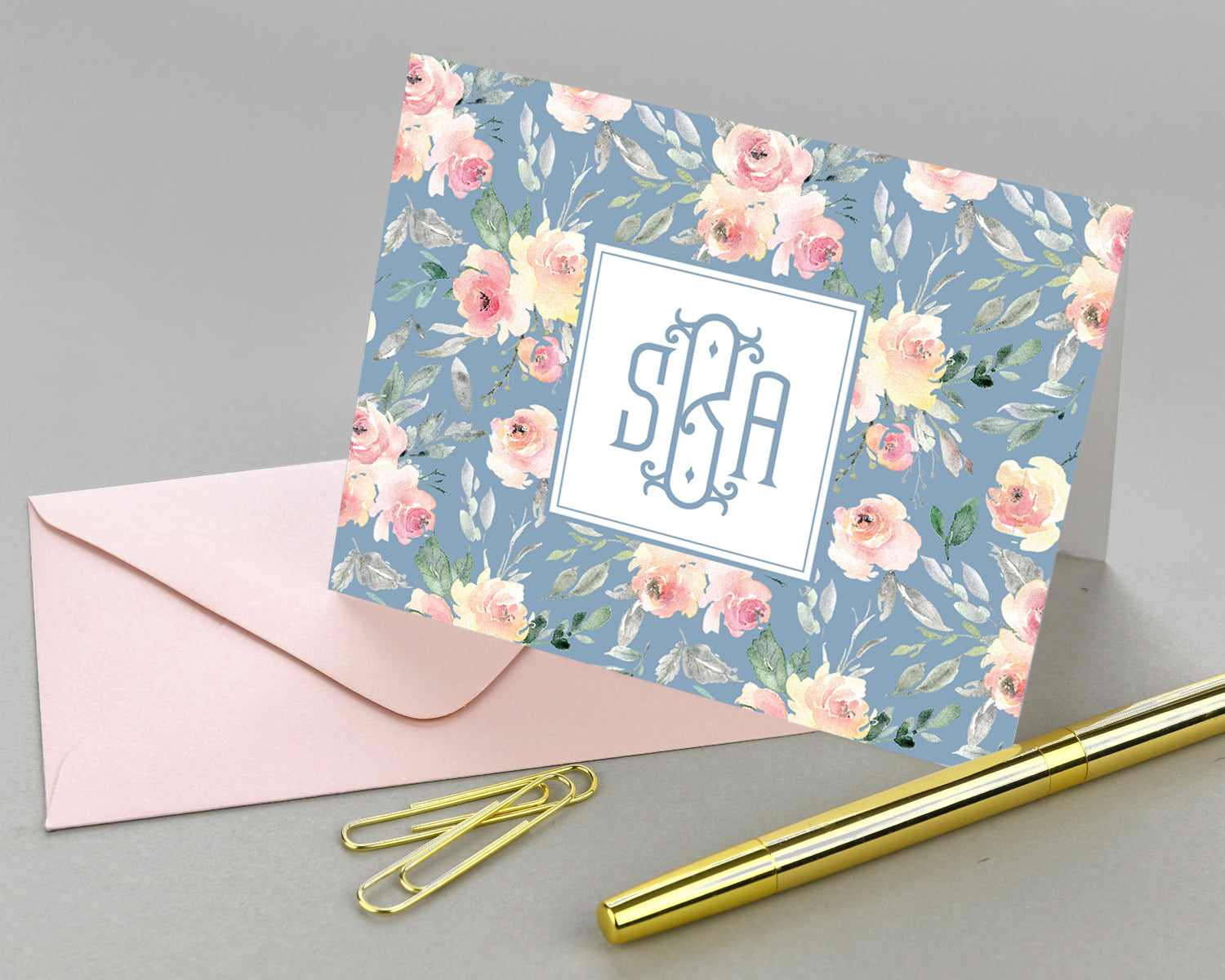 Dusty Blue & Blush Monogrammed Folded Note Cards