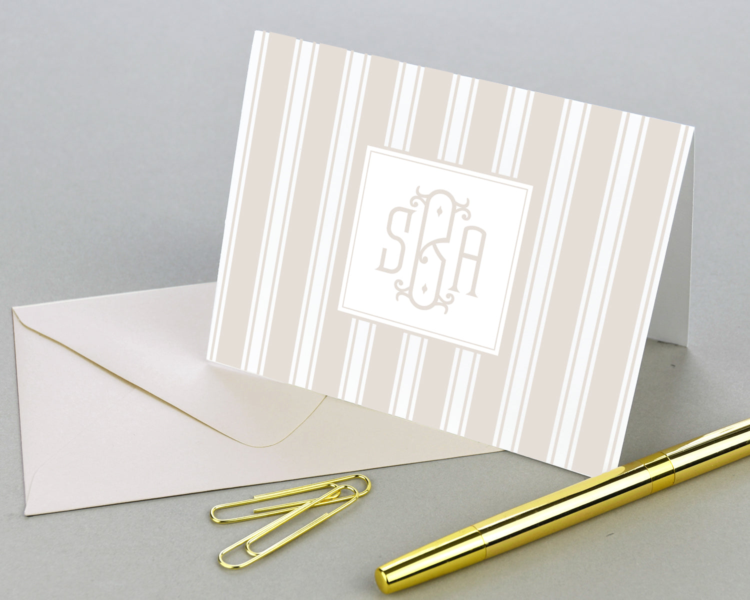 Striped Monogrammed Folded Note Cards
