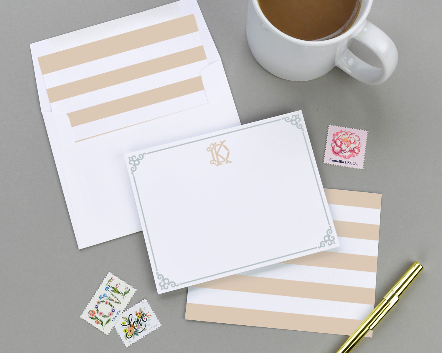 Monogrammed Vintage Stripe Note Card Set
