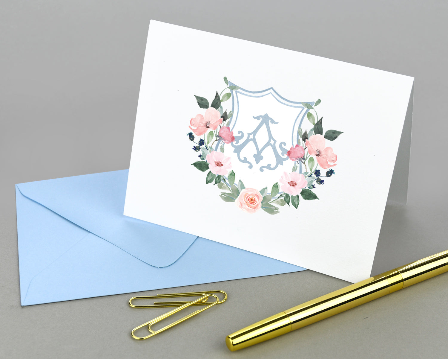 Dusty Blue & Blush Monogrammed Crest Folded Note Cards with Envelopes