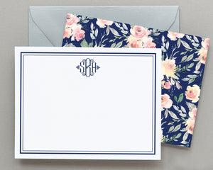 Personalized Bridgette Navy & Blush Watercolor Floral Note Cards