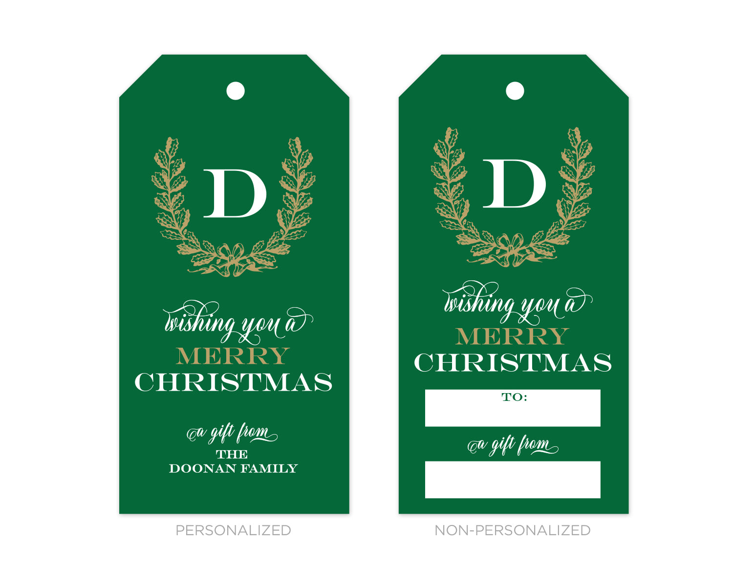 Personalized Green & Gold Wreath Christmas Gift Tags