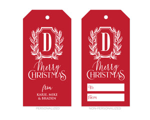 Personalized Red Monogrammed Crest Christmas Gift Tags