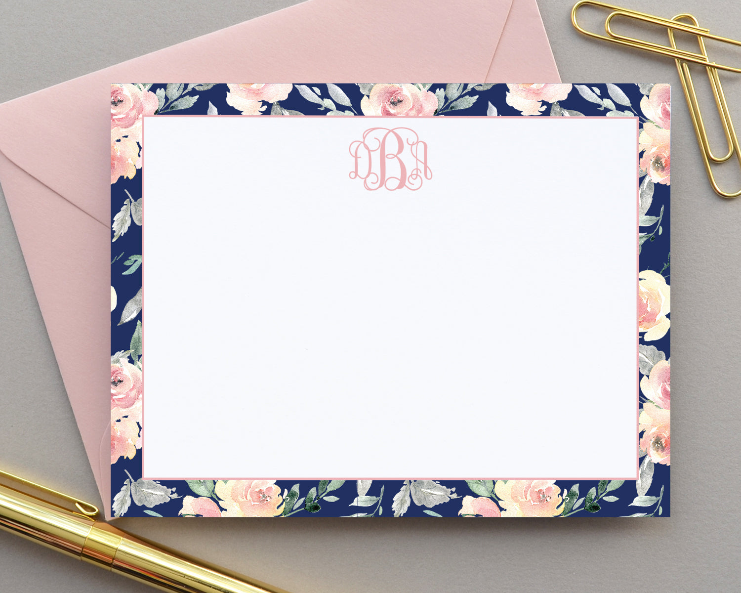 Personalized Navy & Blush Floral Note Cards