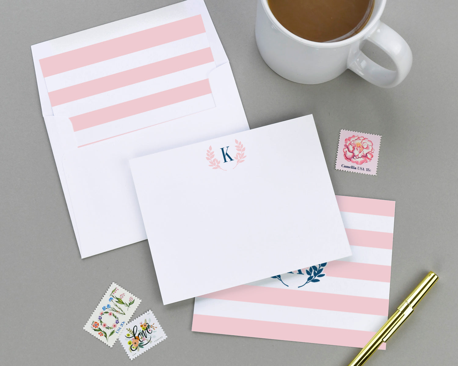 Monogrammed Stripe Note Card Set