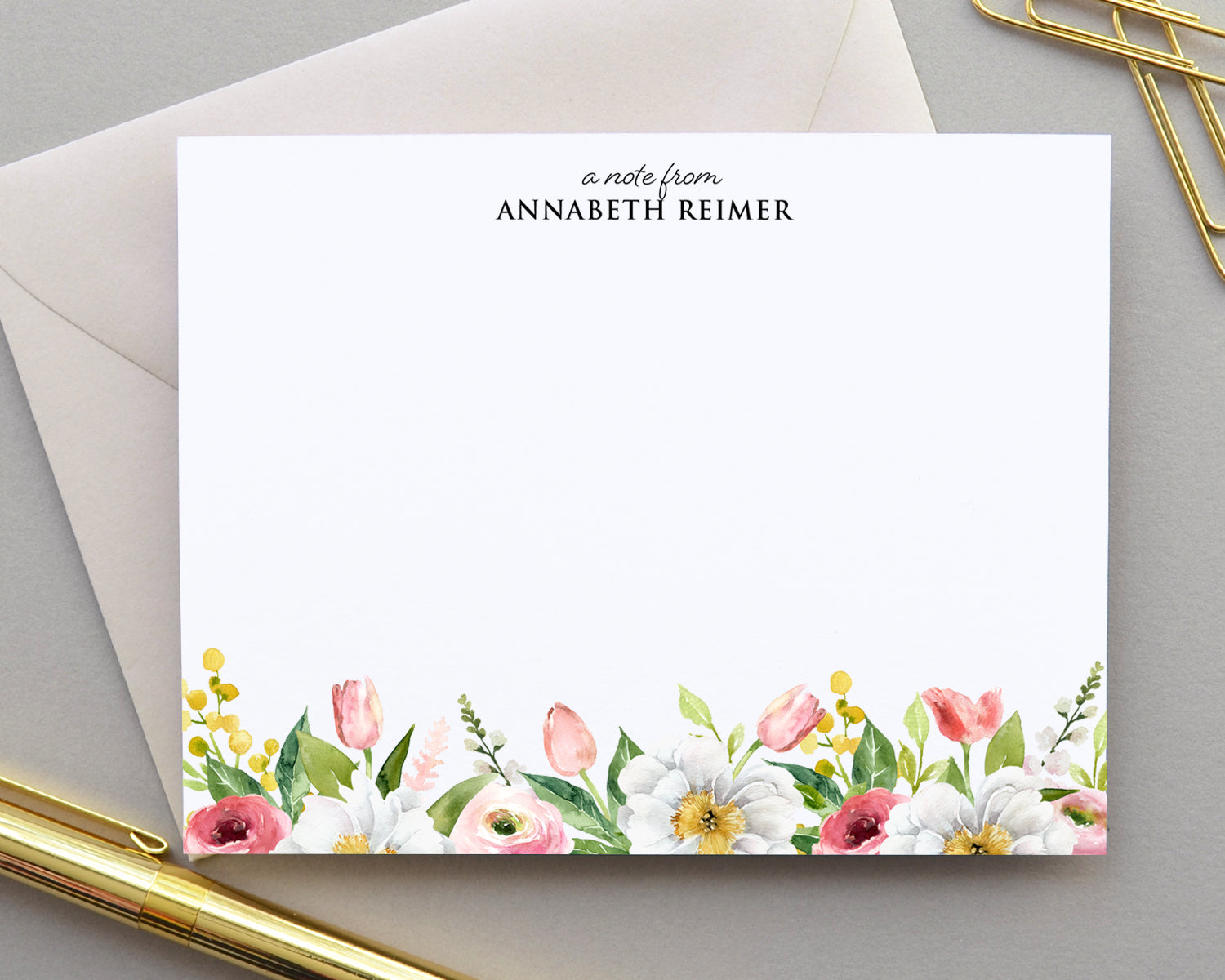 Floral Personalized Note Card and Envelope Stationery Set for Women - Blush  Pink Watercolor Flower Design with Name - Choose Ink and Envelope Colors 