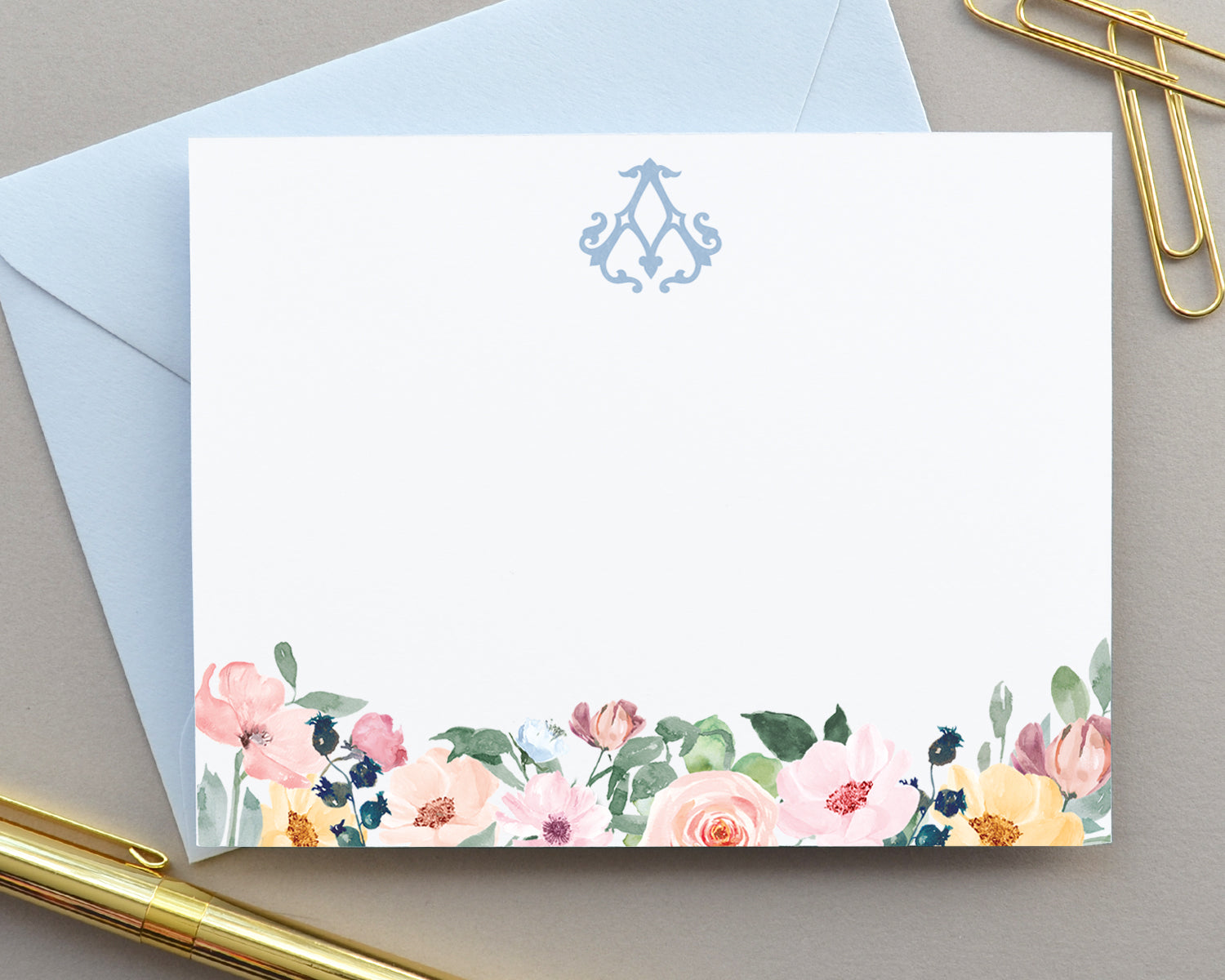 Personalized Monogrammed Watercolor Floral Note Cards