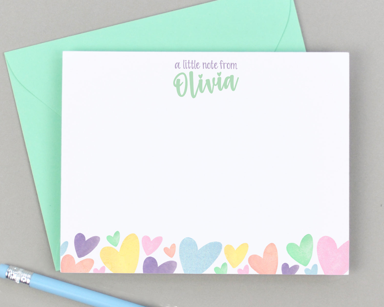 Girls Personalized Rainbow Heart Stationery for Kids