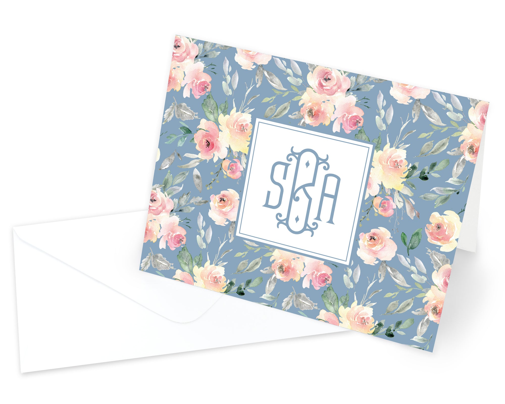 Dusty Blue & Blush Monogrammed Folded Note Cards