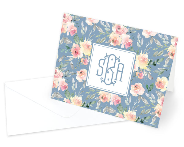 Dusty Blue & Blush Monogrammed Folded Note Cards - Augusta Joy