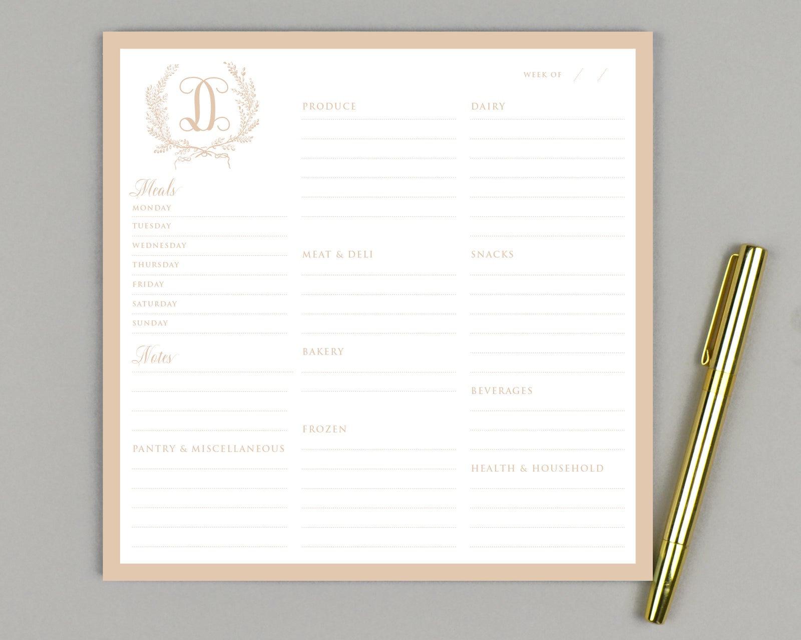 Monogram Crest Meal Planner & Grocery List Notepad