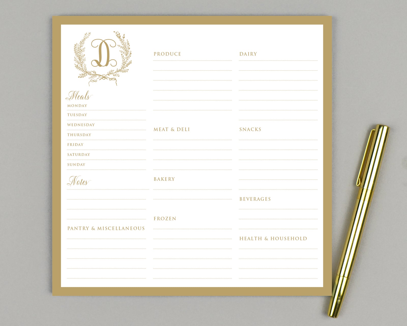 Monogram Crest Meal Planner & Grocery List Notepad