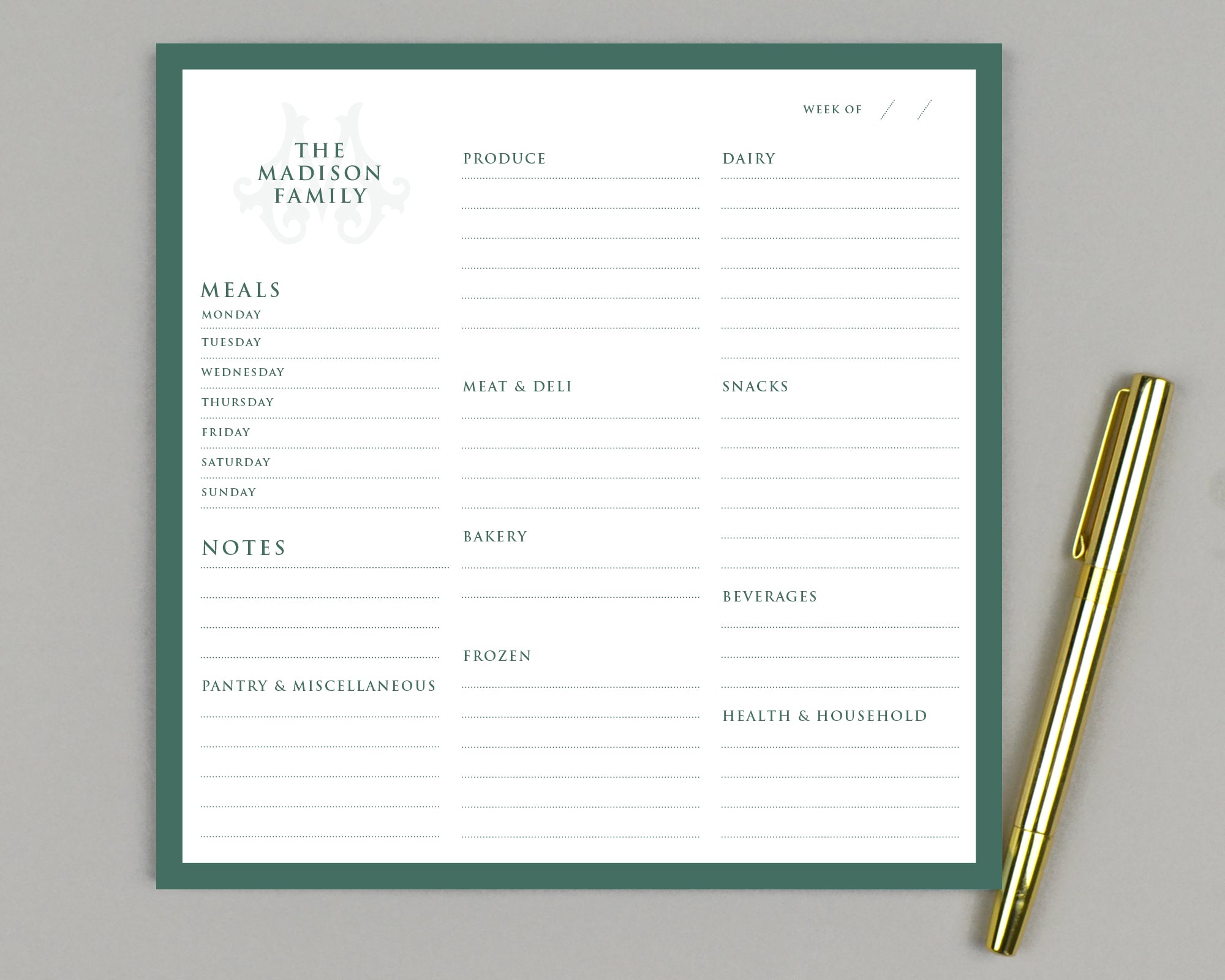 Monogrammed Meal Planner & Grocery List Notepad