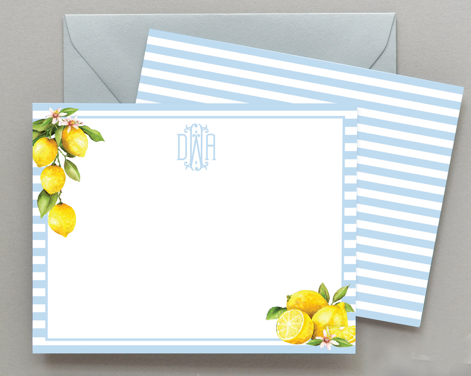 Personalized Lemon Watercolor Stripe Note Cards
