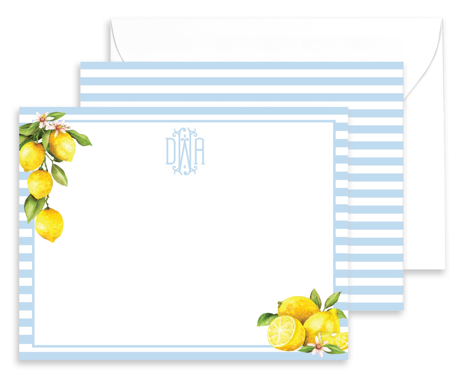 Personalized Lemon Watercolor Stripe Note Cards