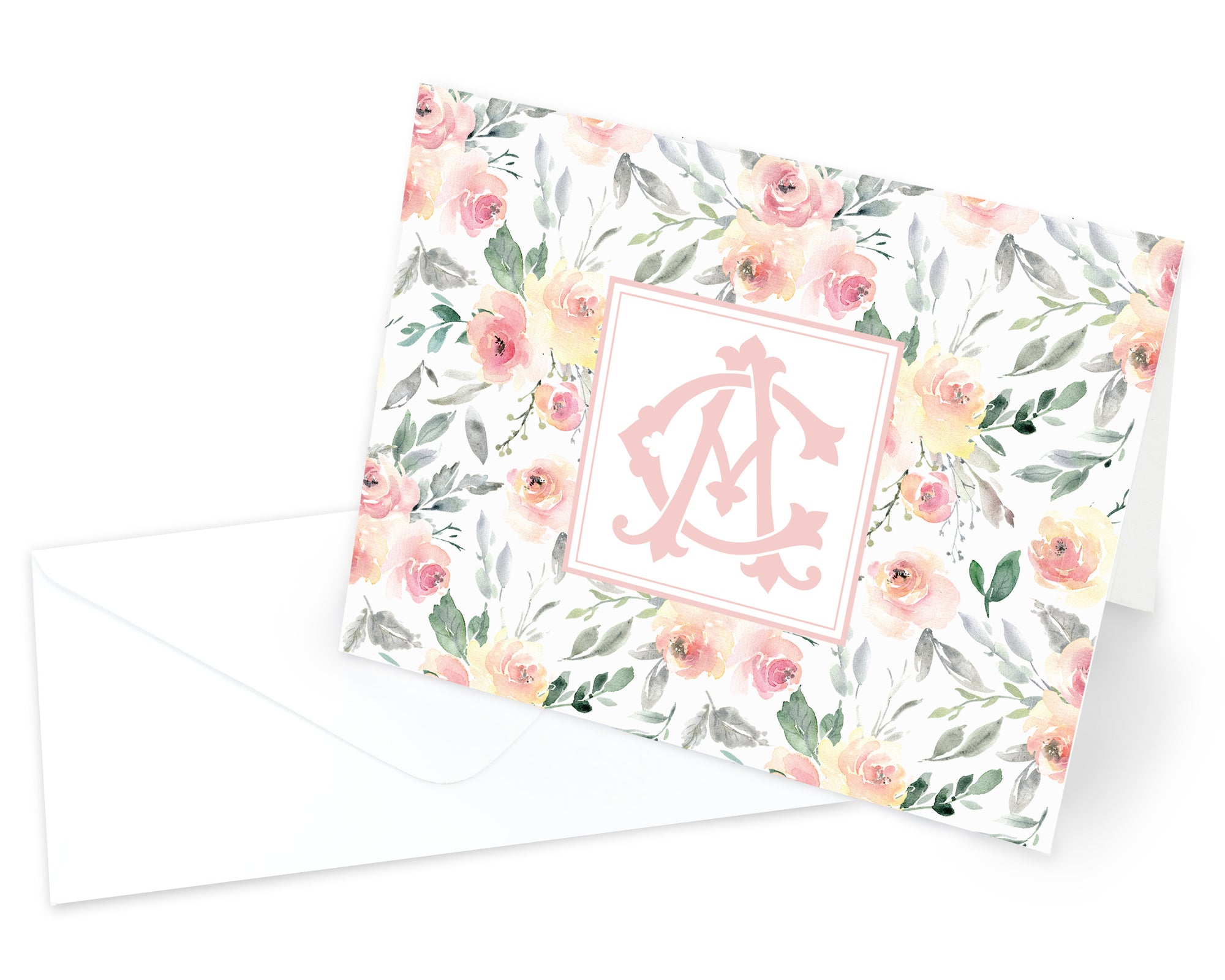 Blush Monogrammed Floral Folded Note Cards