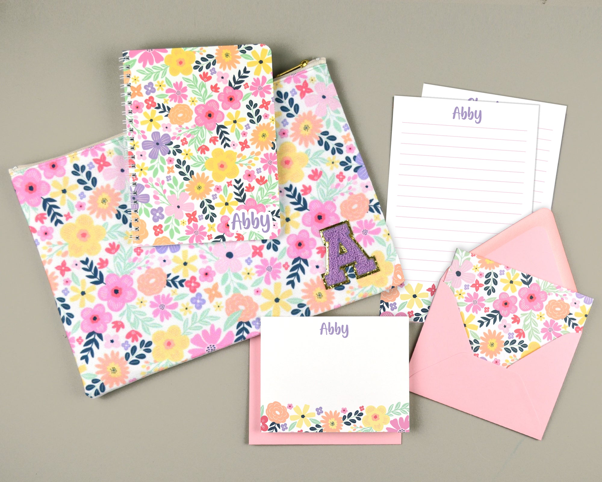 Personalized Bright Floral Stationery Set with Matching Pouch