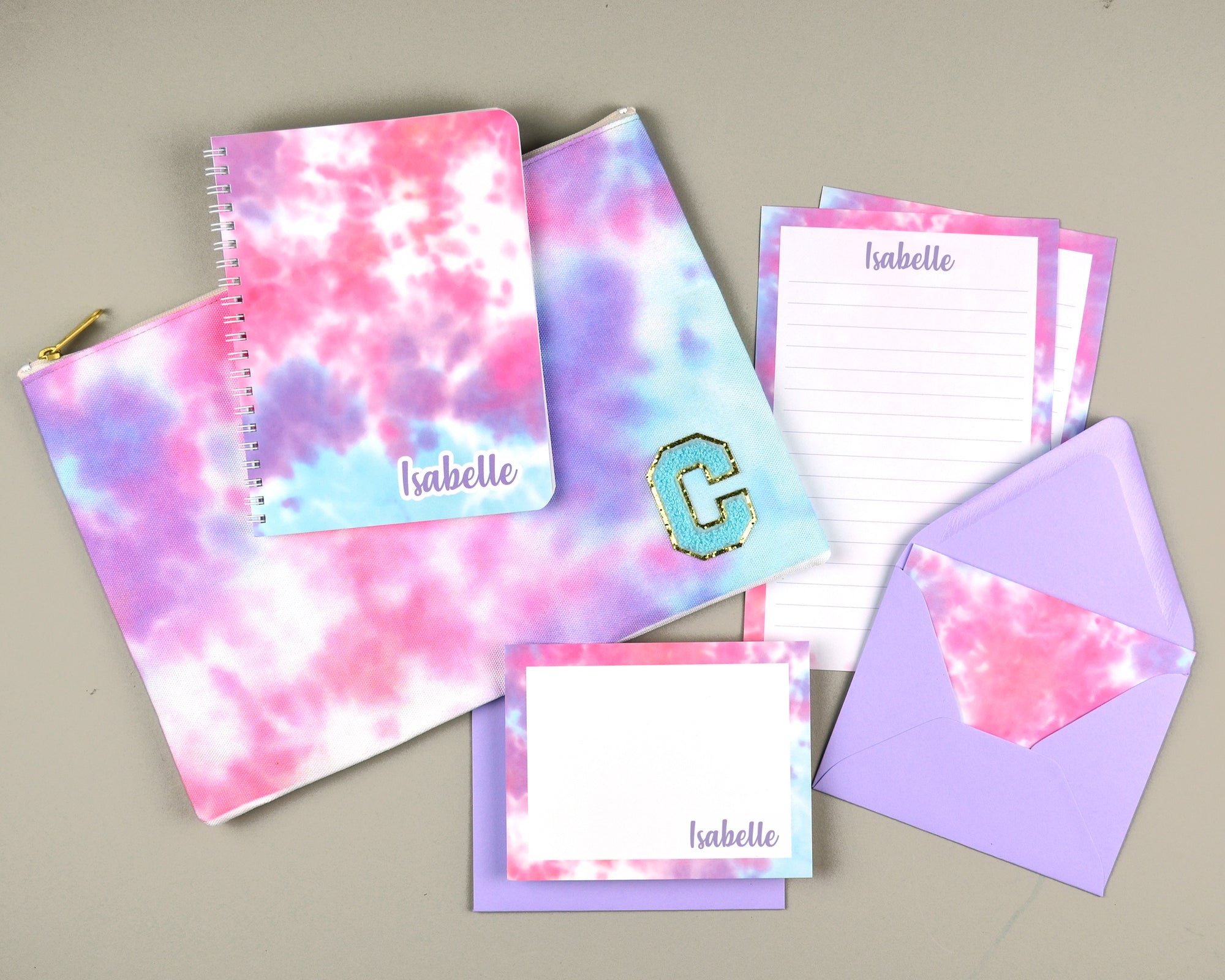 Personalized Tie Dye Stationery Set with Matching Pouch